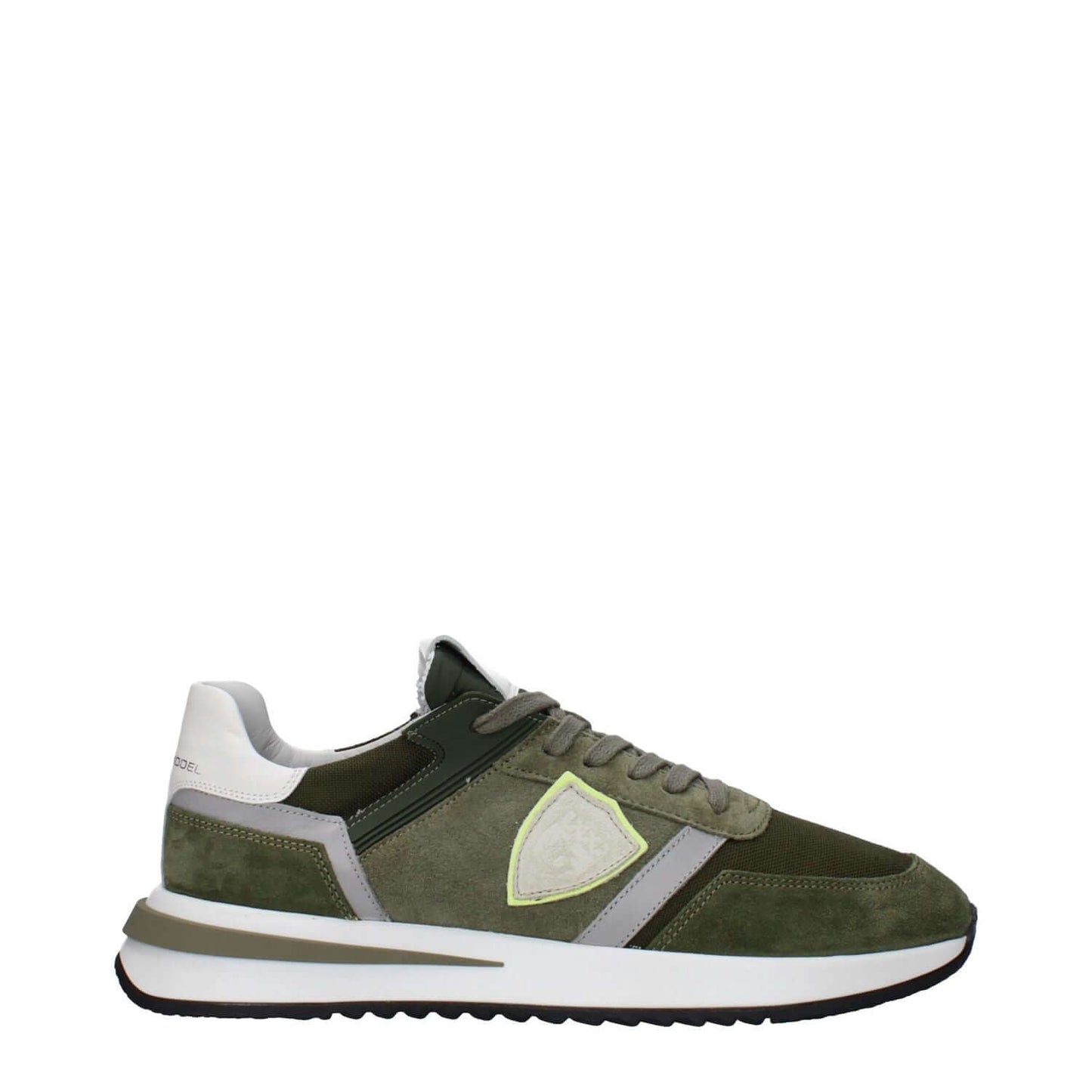 Philippe Model Green Leather Athletic Sneakers with suede finish and rubber sole, featuring logos on the front and back, side detail included.