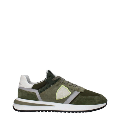 Philippe Model Green Leather Athletic Sneakers with suede finish and rubber sole, featuring logos on the front and back, side detail included.