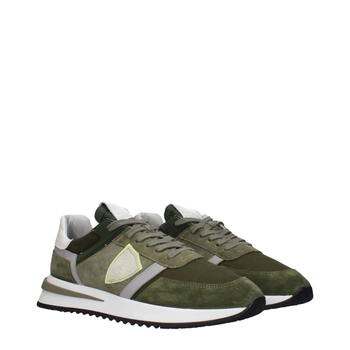 Philippe Model Green Leather Athletic Sneakers with suede and military green details, featuring front and back logos, mid heels, and lace-up closure.