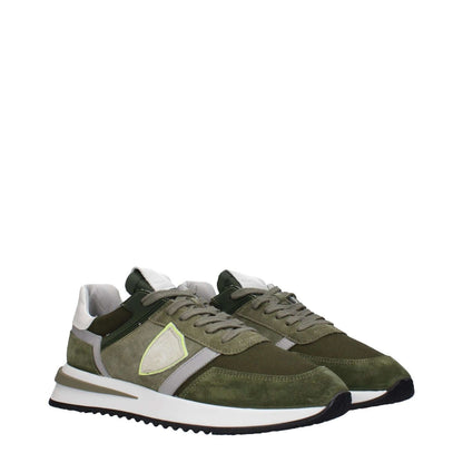 Philippe Model Green Leather Athletic Sneakers with suede and military green details, featuring front and back logos, mid heels, and lace-up closure.