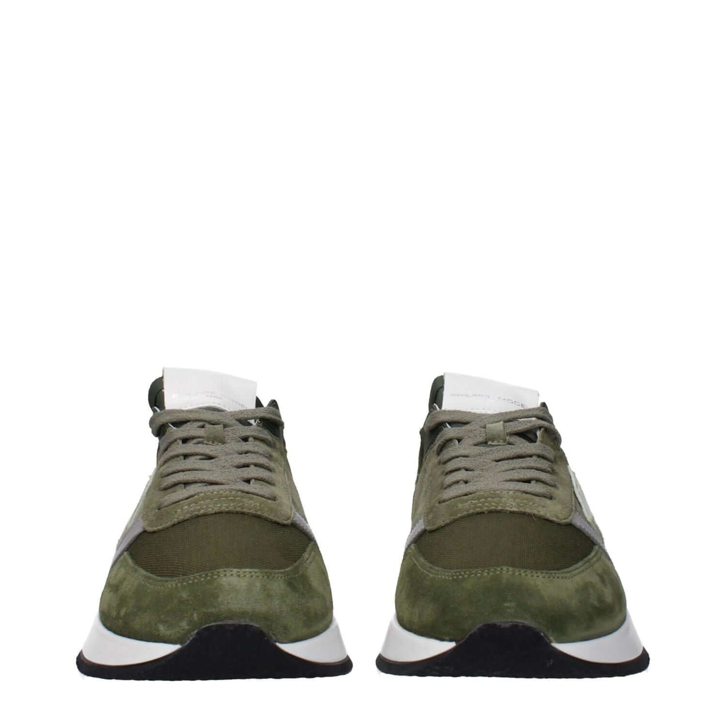 Philippe Model Green Leather Athletic Sneakers with lace-up closure, mid heels, and rubber sole in military green suede, front view.