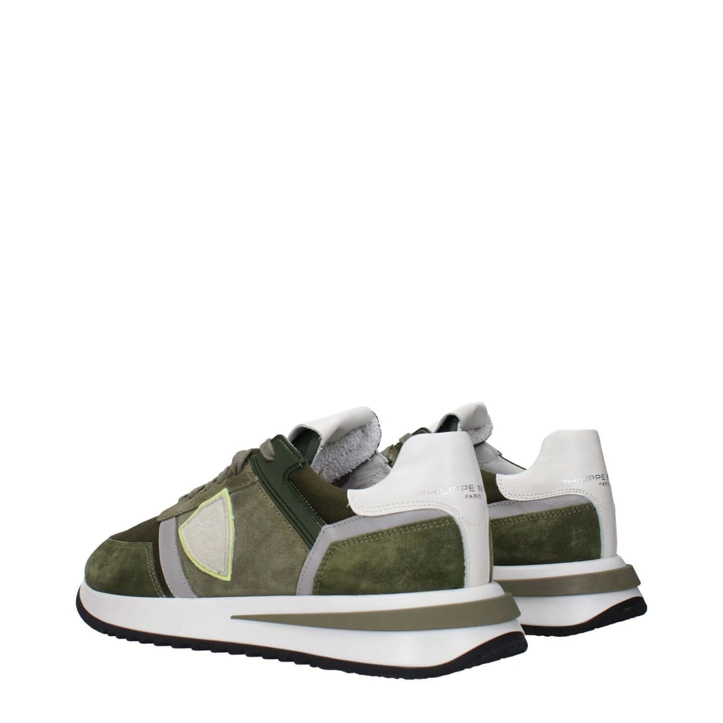 Philippe Model Green Leather Athletic Sneakers with military green suede, front and back logos, rubber sole, lace-up closure, and mid heels.