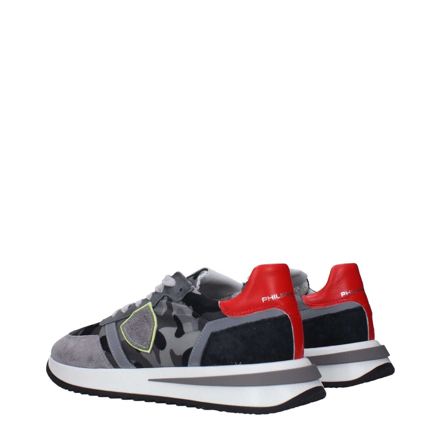 Philippe Model Gray Fabric Sneakers with logos, side detail, and camouflage design, featuring red back accents.