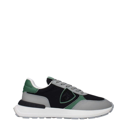 Philippe Model Black Fabric Athletic Sneakers with green and grey accents, featuring front and back logos, side detail.