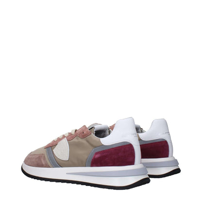 Philippe Model Beige Fabric Low Top Sneakers with front and back logos, side detail, and maroon accents.