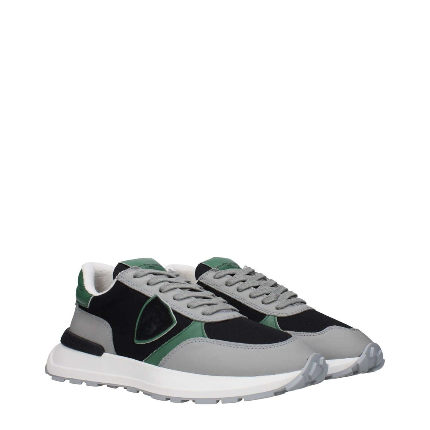 Philippe Model Black Fabric Athletic Sneakers with unique front and back logos and side detail in green and black.