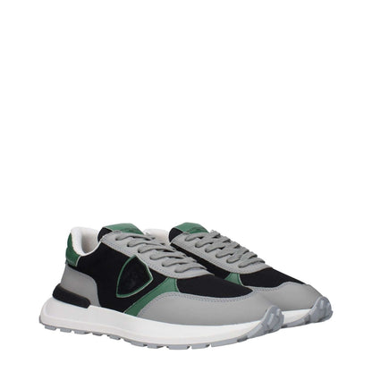 Philippe Model Black Fabric Athletic Sneakers with unique front and back logos and side detail in green and black.