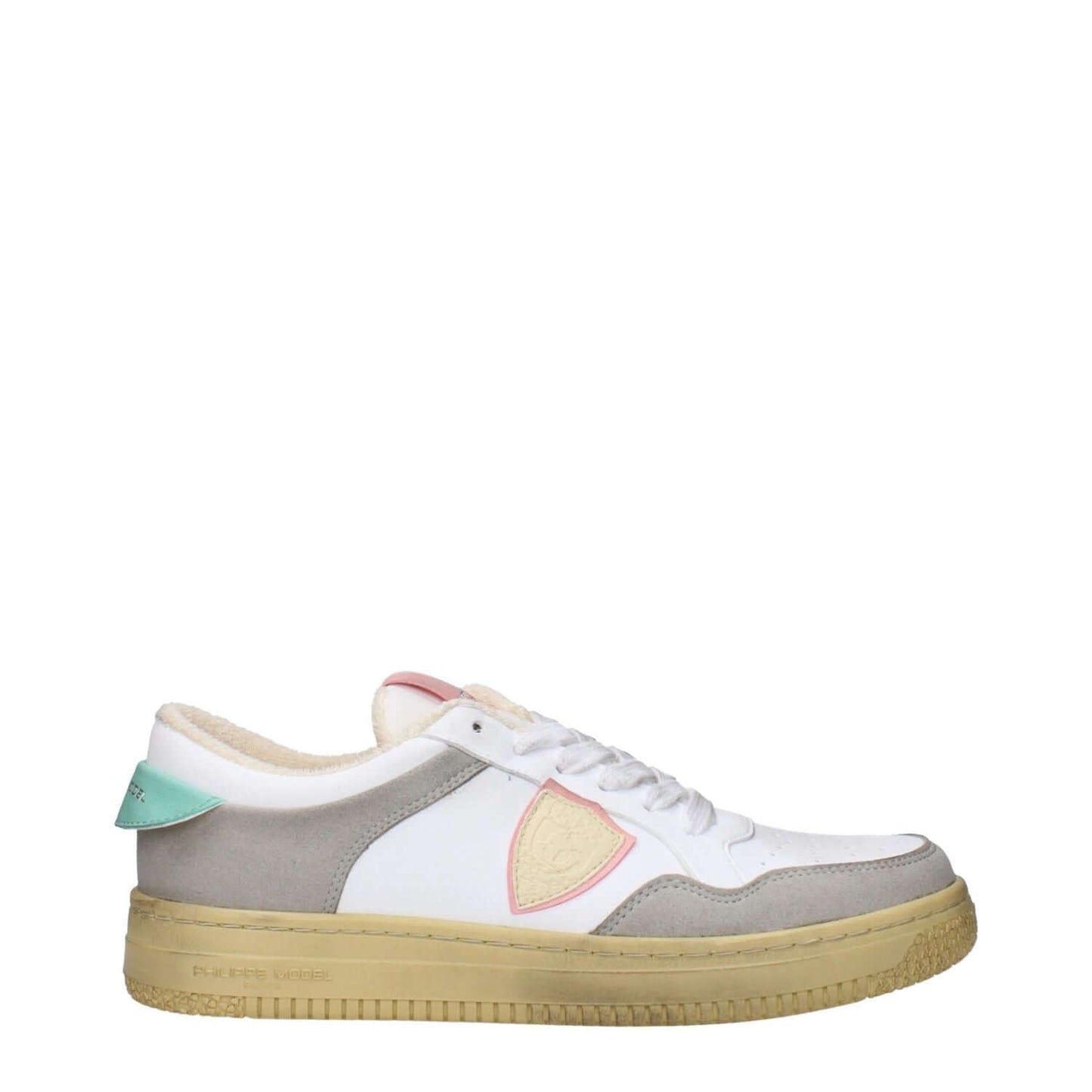 Philippe Model White Leather Low Top Sneakers with teal heel, vintage and aged effect, front, back, and side logos, lace up closure.