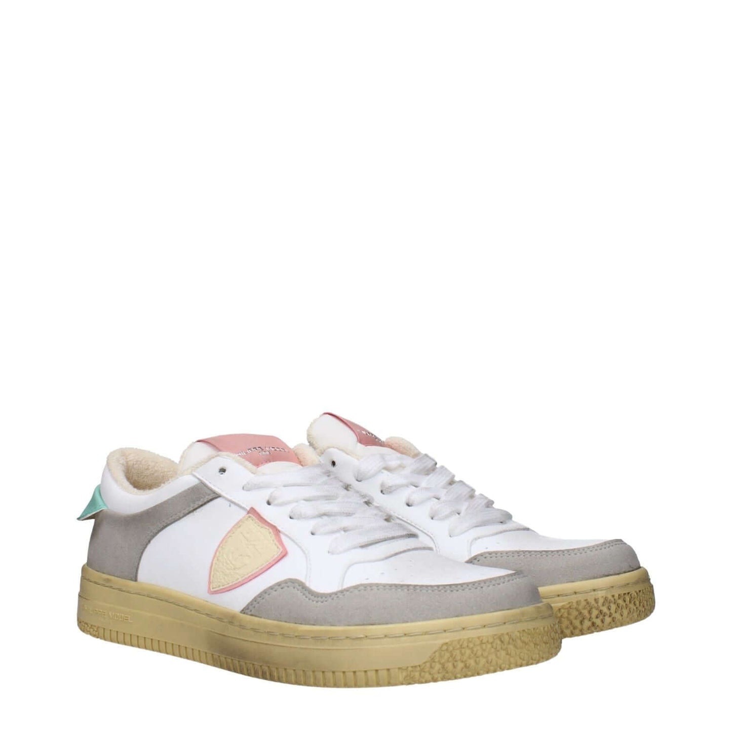 Philippe Model White Leather Low Top Sneakers with vintage aged effect and logos, sporty glam style, lace-up closure, rubber sole, teal accents.