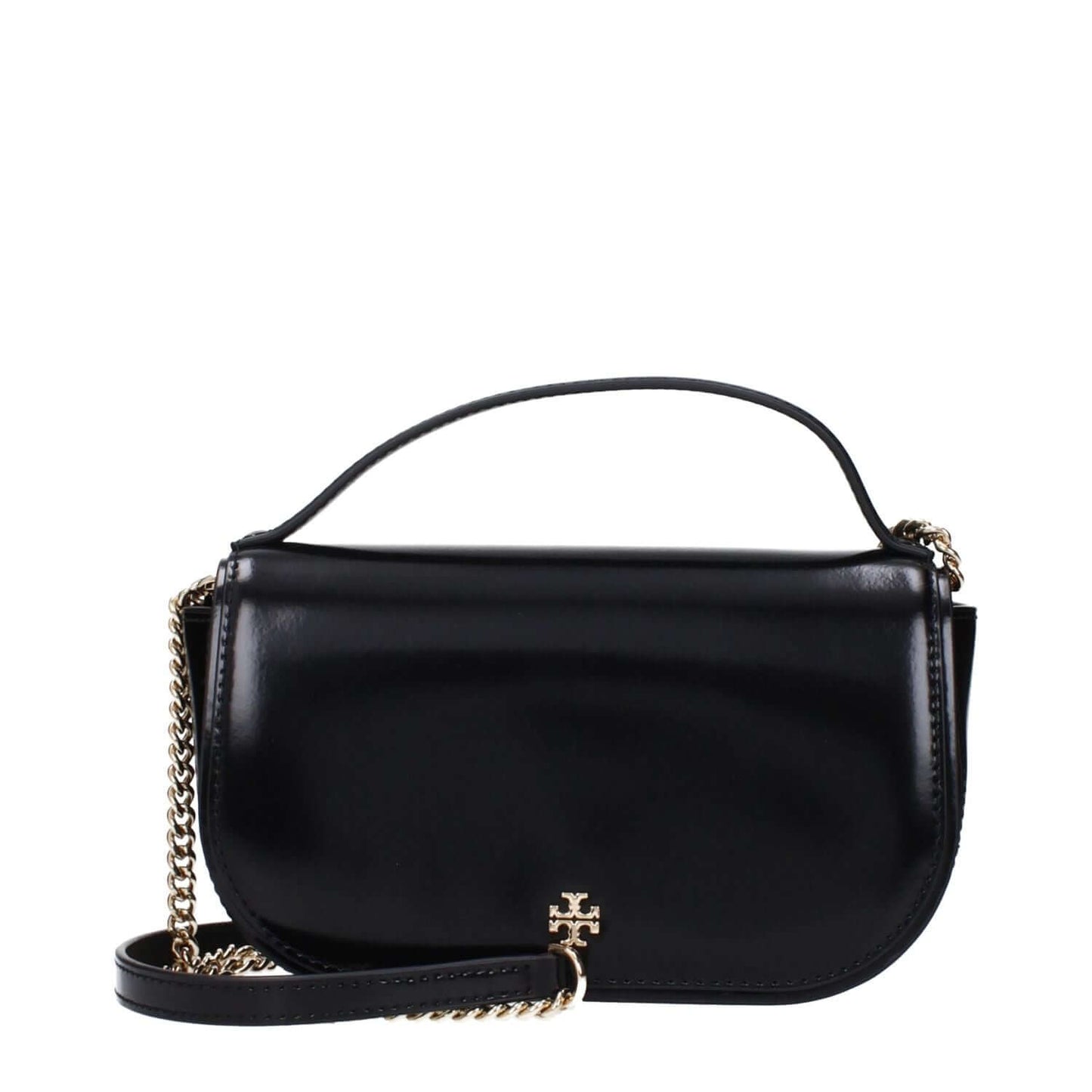 Tory Burch Black Leather Handbag with front logo and adjustable removable shoulder strap, product code F83366.
