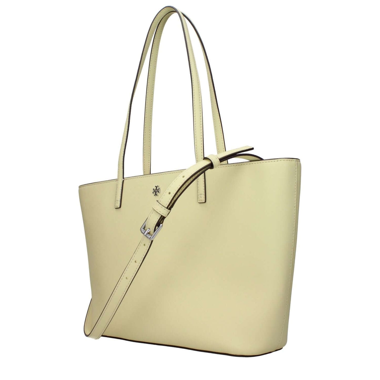 Tory Burch Yellow Leather Shoulder Bag with adjustable and removable straps, front logo in a stylish design.