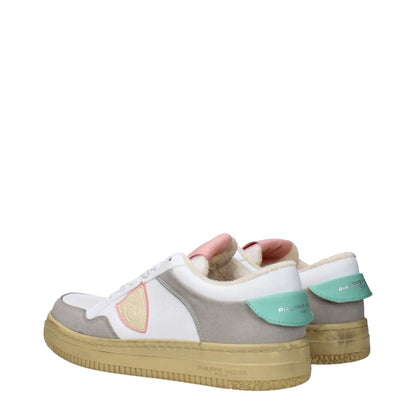 Philippe Model White Leather Low Top Sneakers with vintage effect and teal accents, featuring logos and lace-up closure. MPN: LYLDCPTB201
