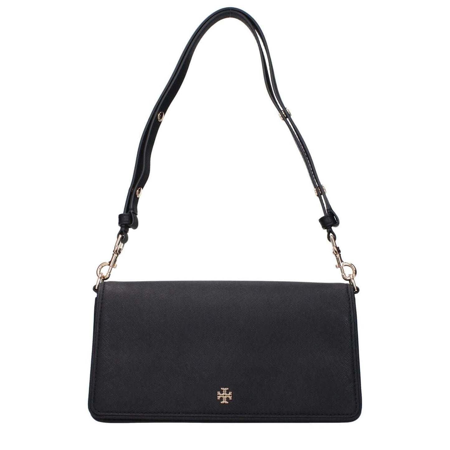 Tory Burch Black Leather Shoulder Bag with front logo, divider inner pocket, adjustable and removable handle.