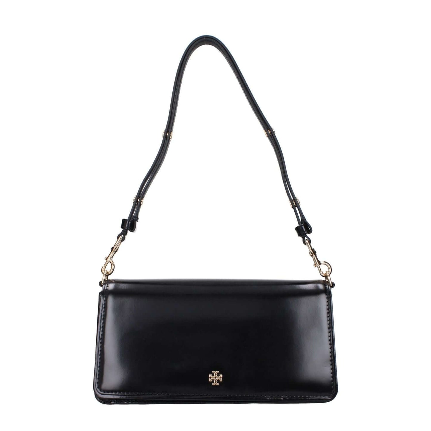 Tory Burch Black Leather Shoulder Bag with front logo, adjustable and removable handle, patent leather, MPN 157620001, code F83374