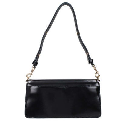 Tory Burch Black Leather Shoulder Bag with adjustable handle, front logo, removable handle, and divider inner pocket.