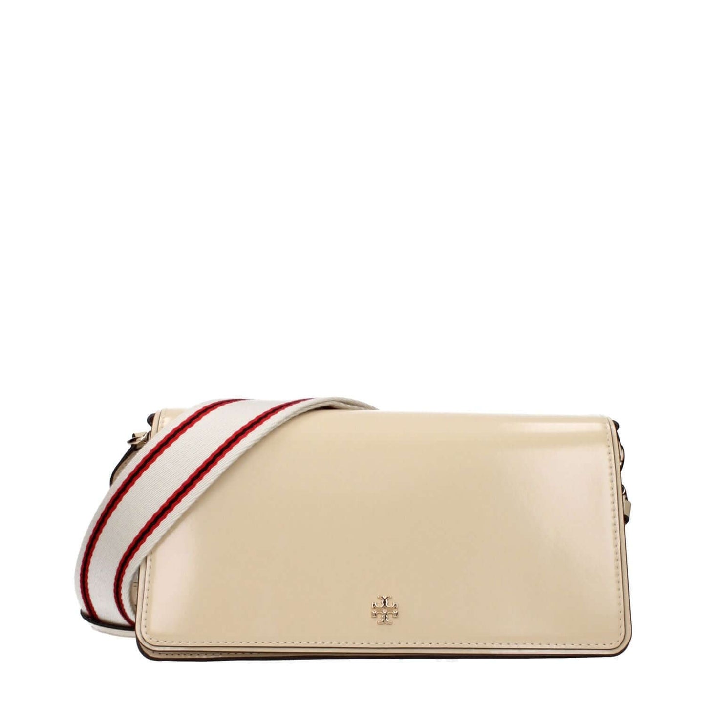 Tory Burch Beige Leather Crossbody Bag with striped adjustable strap and front logo, featuring divider inner pocket, patent finish.