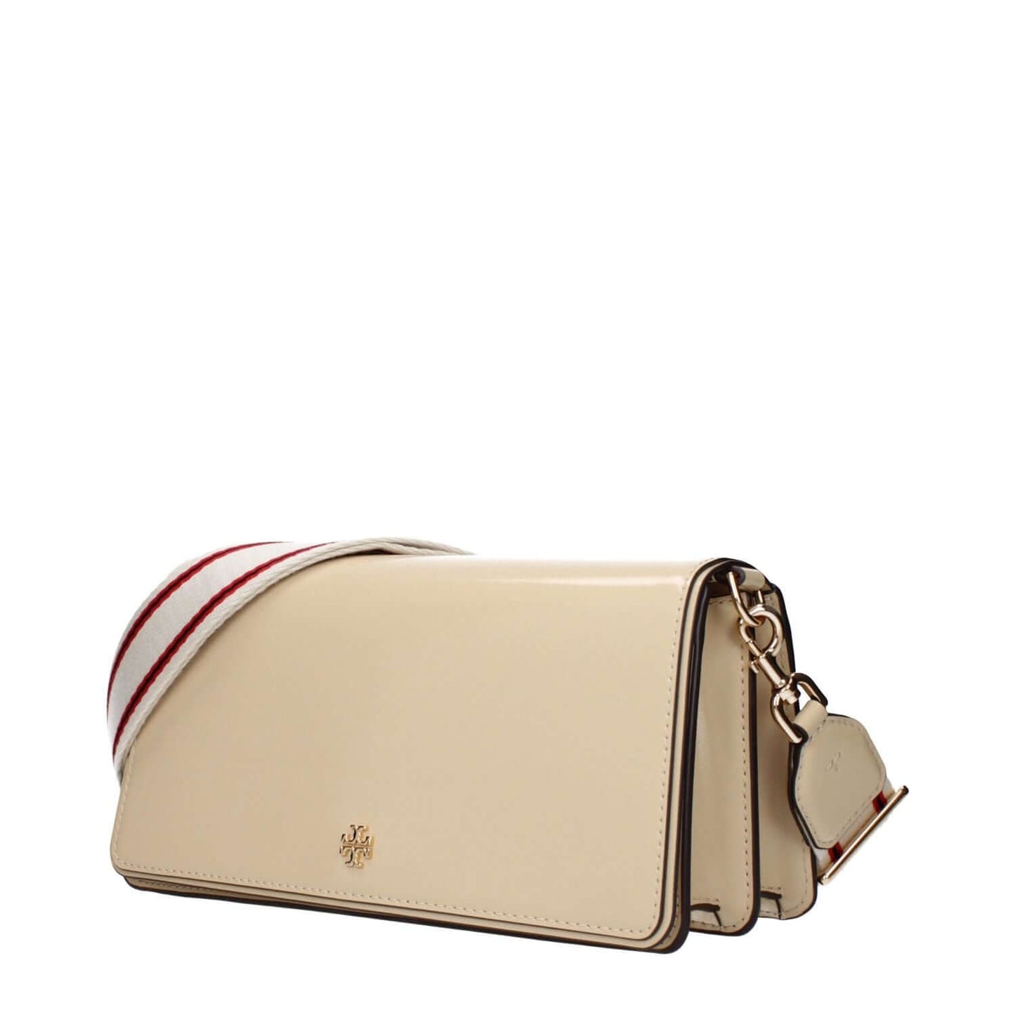 Tory Burch Beige Leather Crossbody Bag with front logo, adjustable removable strap, and divider pocket in patent leather.