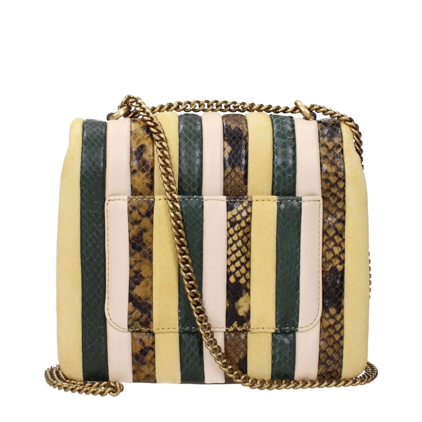 Striped leather handbag with gold chain strap and multiple colors of yellow, green, and snake print leather panels.
