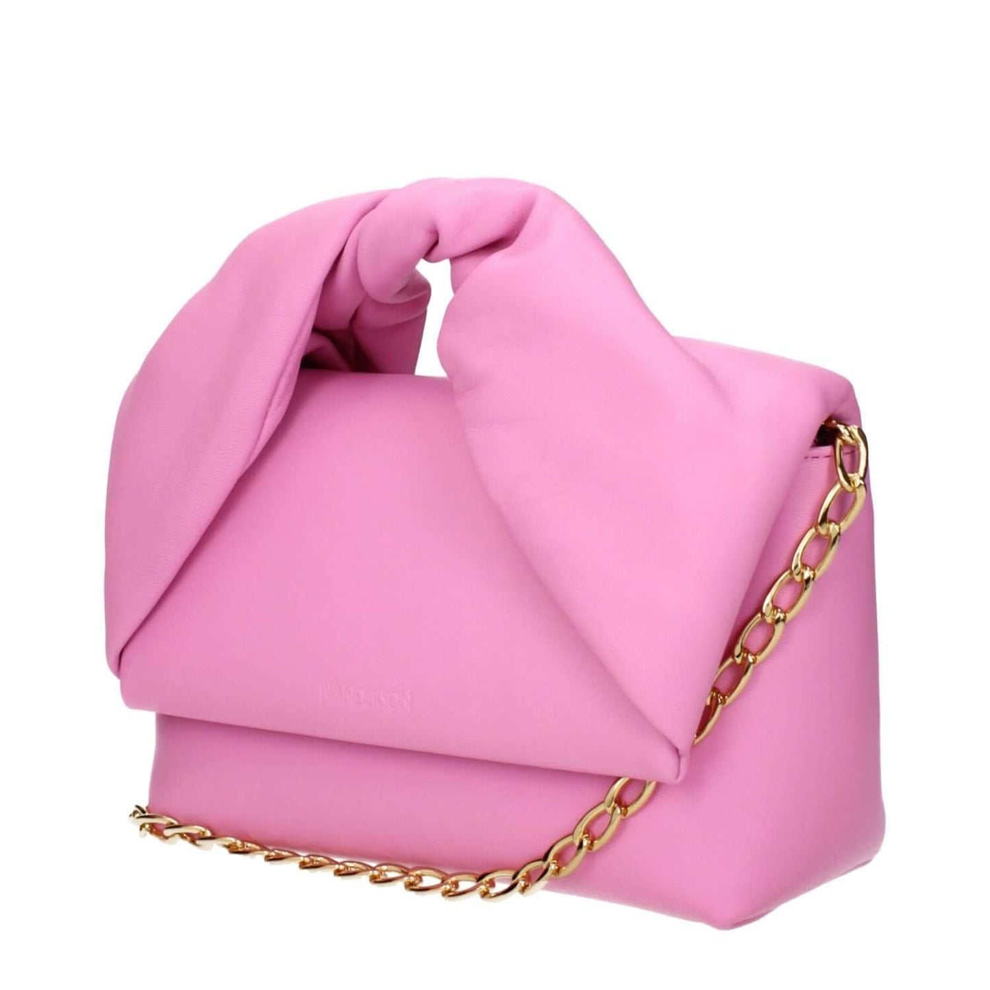 Jw Anderson Pink Leather Handbag with front logo and removable shoulder strap, featuring a stylish chain.