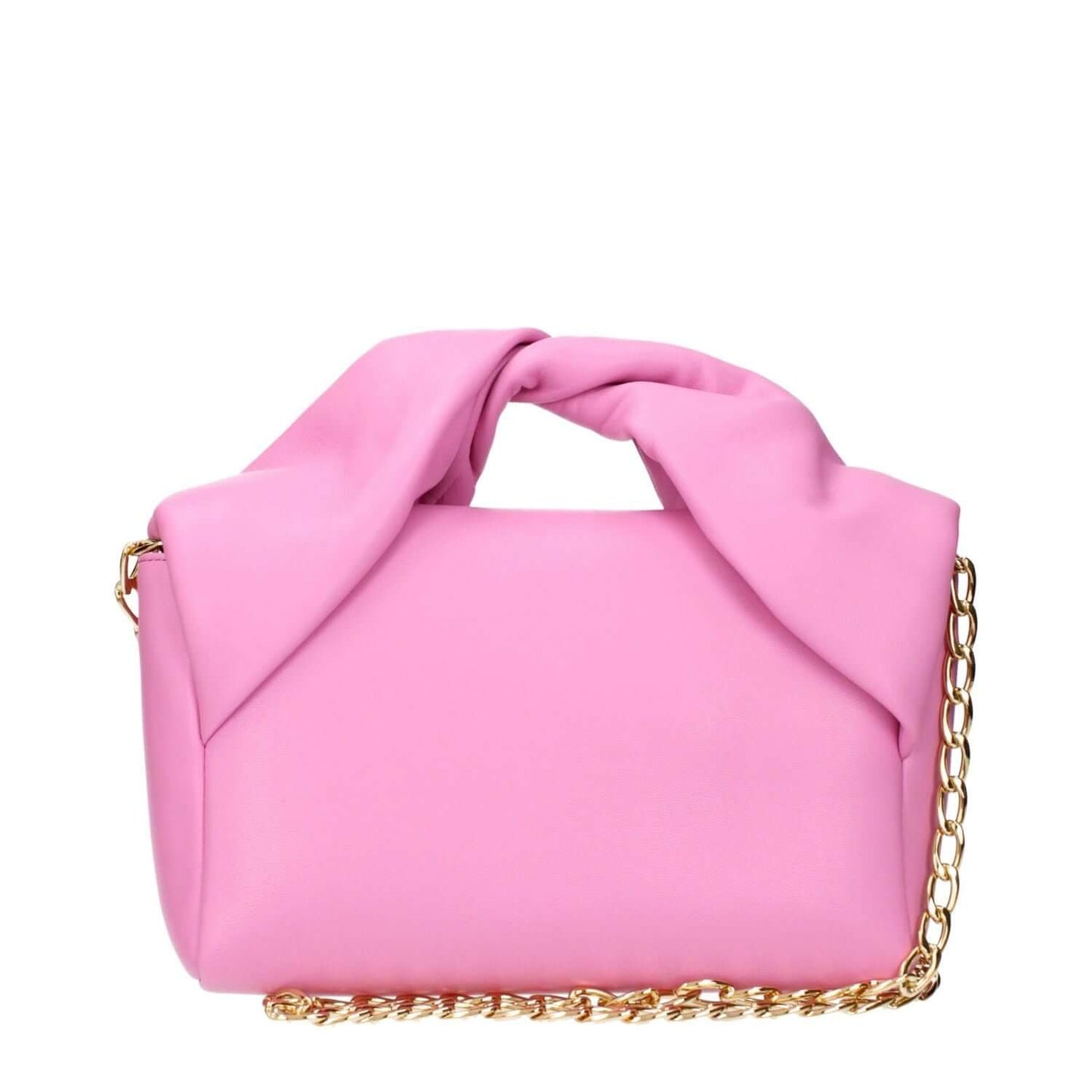 Jw Anderson Pink Leather Handbag featuring gold chain strap and unique folded design.