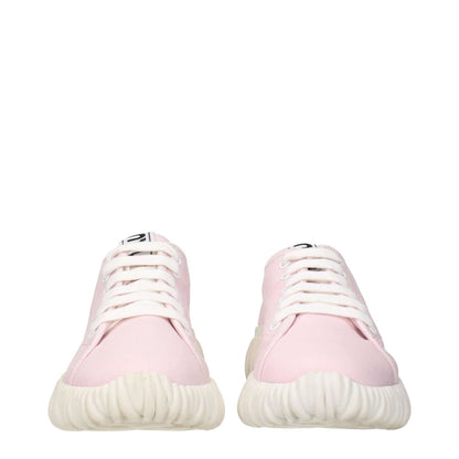 Miu Miu Pink Fabric Low Top Sneakers with front and back logos, featuring a stylish design and unique sole pattern.
