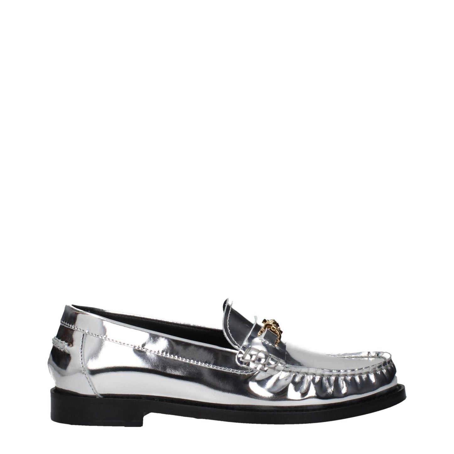 Versace Gray Leather Slip-On Loafers with metallic effect and front logo, featuring a round toe and low flat heel.
