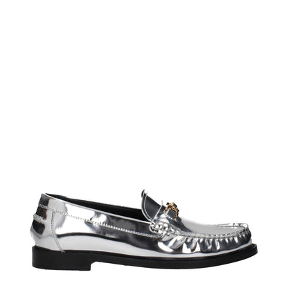 Versace Gray Leather Slip-On Loafers with metallic effect and front logo, featuring a round toe and low flat heel.