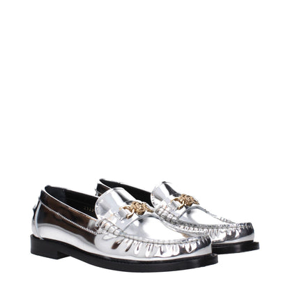Versace Gray Leather Slip-On Loafers with metallic effect and front logo, round toe, and low flat heel, MPN 10121231A043021E01V.