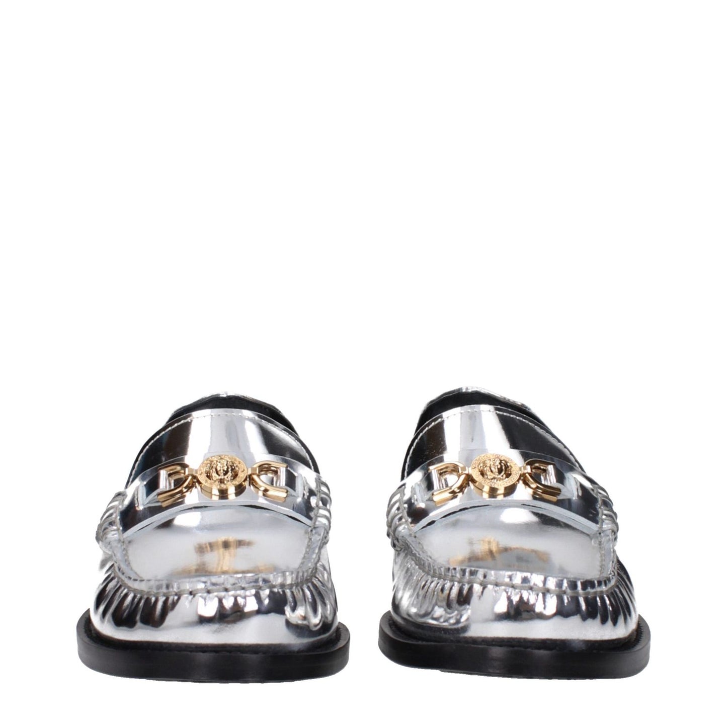 Versace Gray Leather Slip-On Loafers with metallic effect and front logo, featuring low flat heel and round toe design.