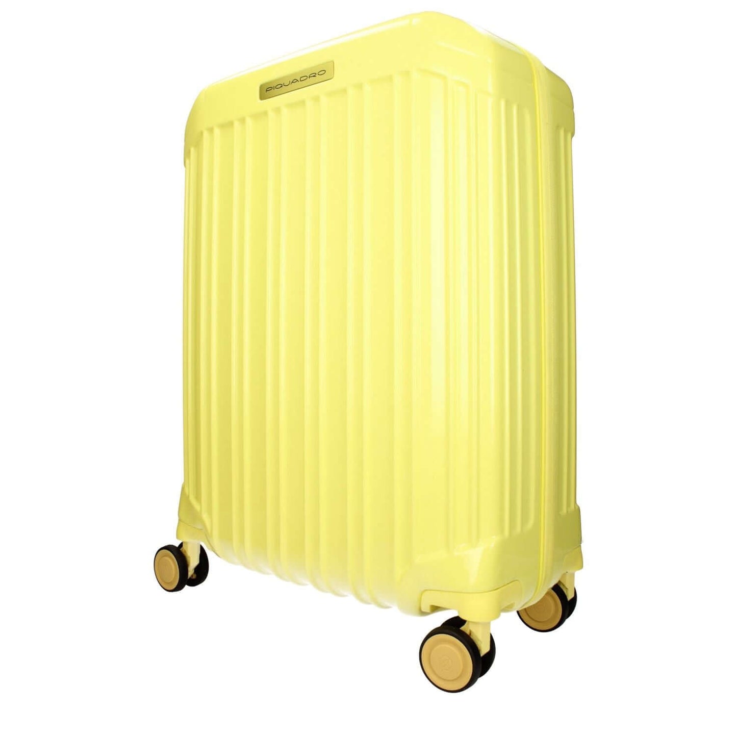 Piquadro Yellow Polycarbonate Luggage And Travel with TSA lock, USB port, and adjustable handle on white background.