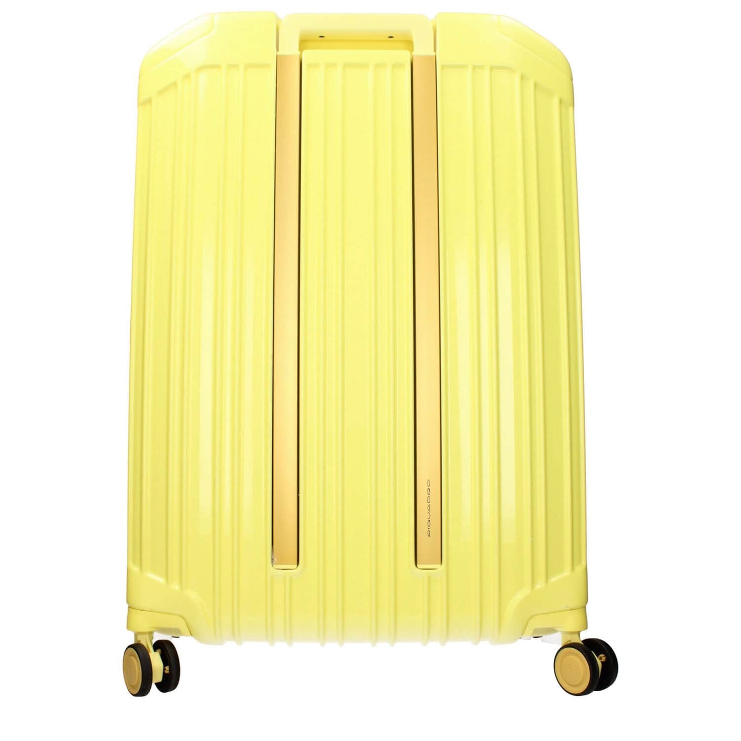 Piquadro Yellow Polycarbonate Luggage And Travel with TSA closure, adjustable handle, and front logo.