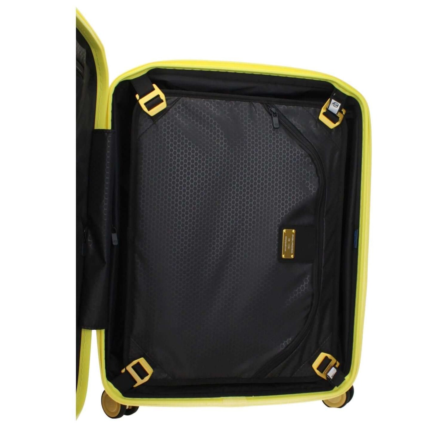 Interior view of Piquadro Yellow Polycarbonate Luggage And Travel with adjustable handle and TSA closure.