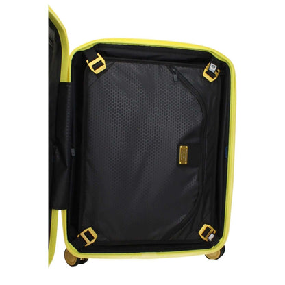 Interior view of Piquadro Yellow Polycarbonate Luggage And Travel with adjustable handle and TSA closure.
