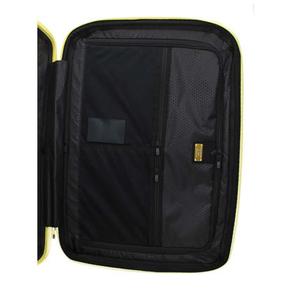 Interior view of Piquadro Yellow Polycarbonate Luggage And Travel with adjustable handle and TSA closure.