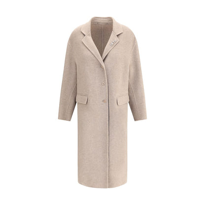 Ermanno Scervino Beige Wool Coat with lapels, V-neckline, rhinestone pins, front button closure, and welt flap pockets. Made in Italy.