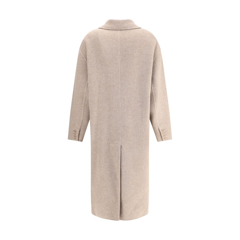 Back view of Ermanno Scervino Beige Wool Coat with classic lapels and elegant above-ankle length, featuring refined Italian craftsmanship