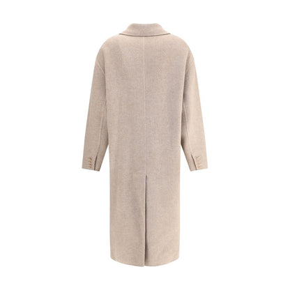 Back view of Ermanno Scervino Beige Wool Coat with classic lapels and elegant above-ankle length, featuring refined Italian craftsmanship