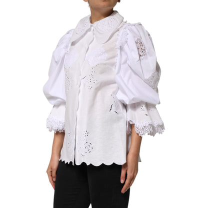 Dolce & Gabbana White Ruffled Lace Embellished Blouse Top