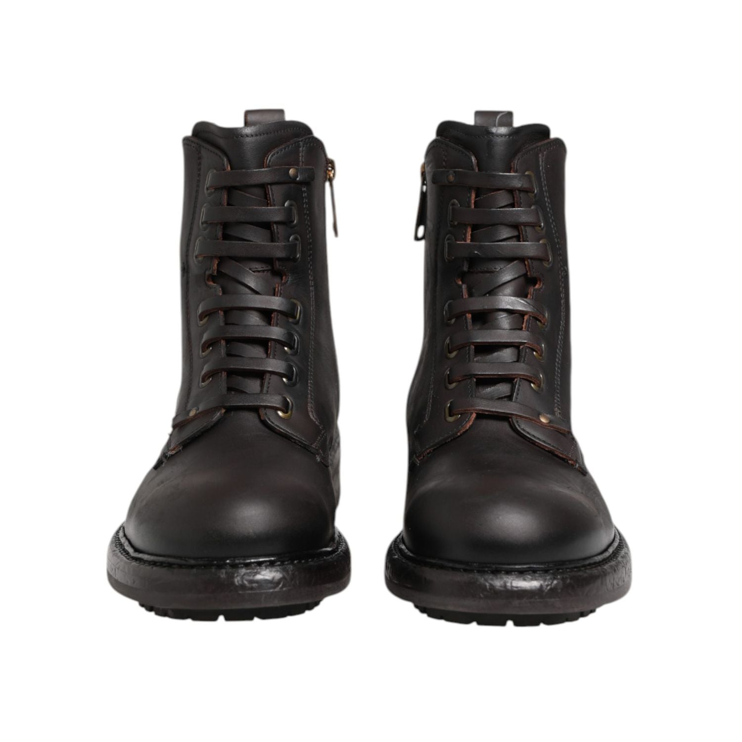 Dolce & Gabbana Dark Brown Leather Lace Up Mid Calf Boots Shoes