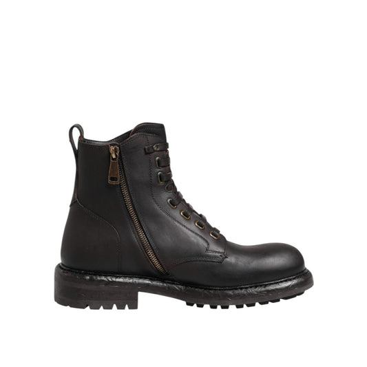 Dolce & Gabbana Dark Brown Leather Lace Up Mid Calf Boots Shoes