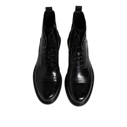 Dolce & Gabbana Black Leather Lace Up Mid Calf Boots Shoes