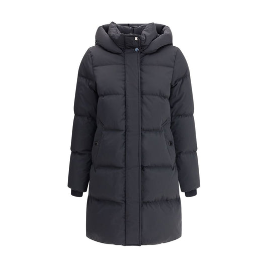Woolrich Black Goose Down Coat with hood, elastic cuffs, zipper and button closure, featuring a quilted design for warmth and comfort.