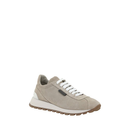 Brunello Cucinelli Beige Rubber Platform Sneakers with suede design, lace-up closure, round toe, and shiny bead details.