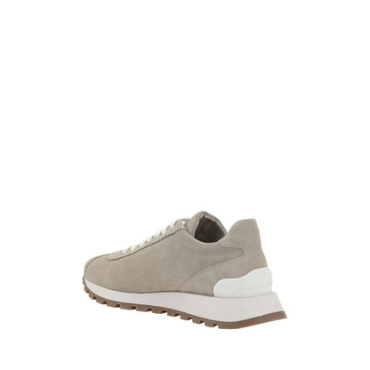 Brunello Cucinelli Beige Rubber Platform Sneakers with suede design, lace-up closure, and logo-embossed detail.