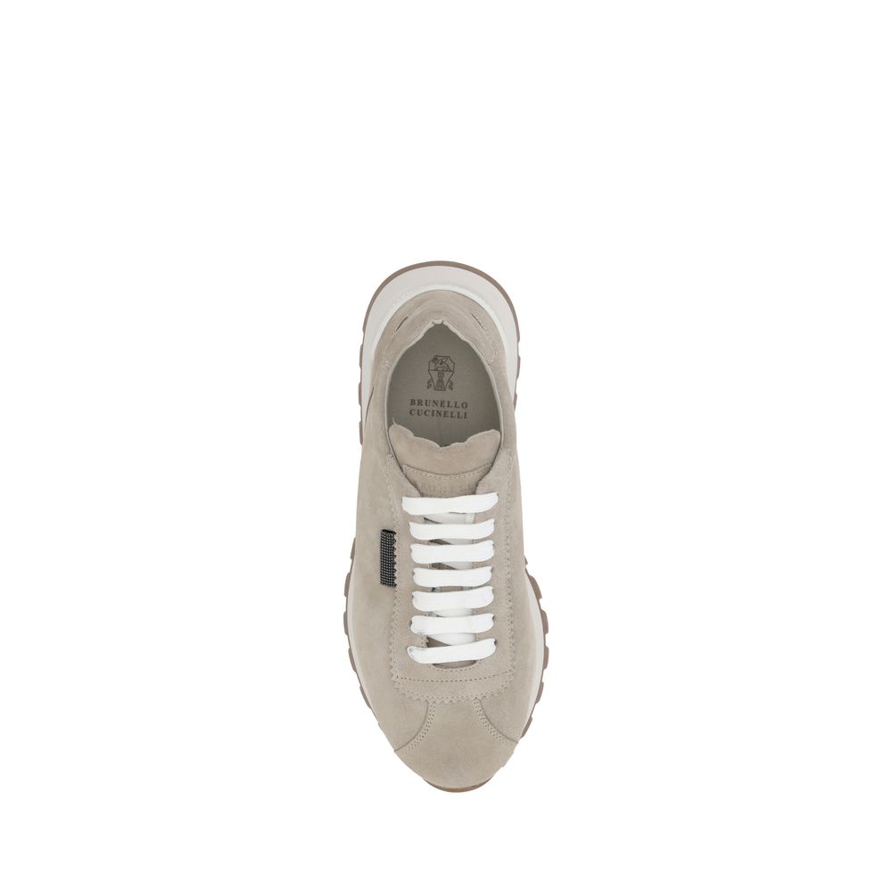 Top view of Brunello Cucinelli Beige Rubber Platform Sneakers with suede design and white laces.
