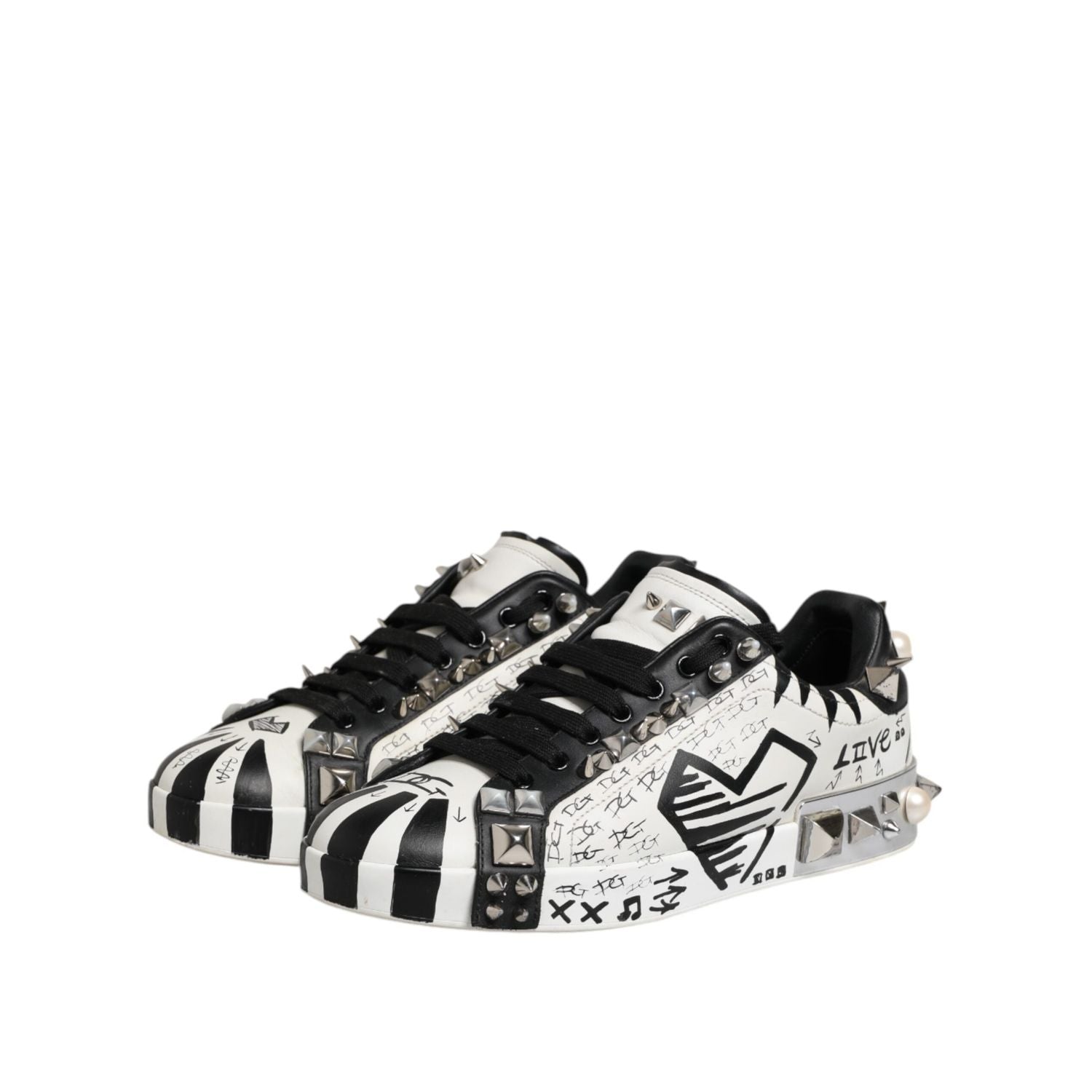 Dolce & Gabbana Black White Studded Low Top Sneakers Shoes