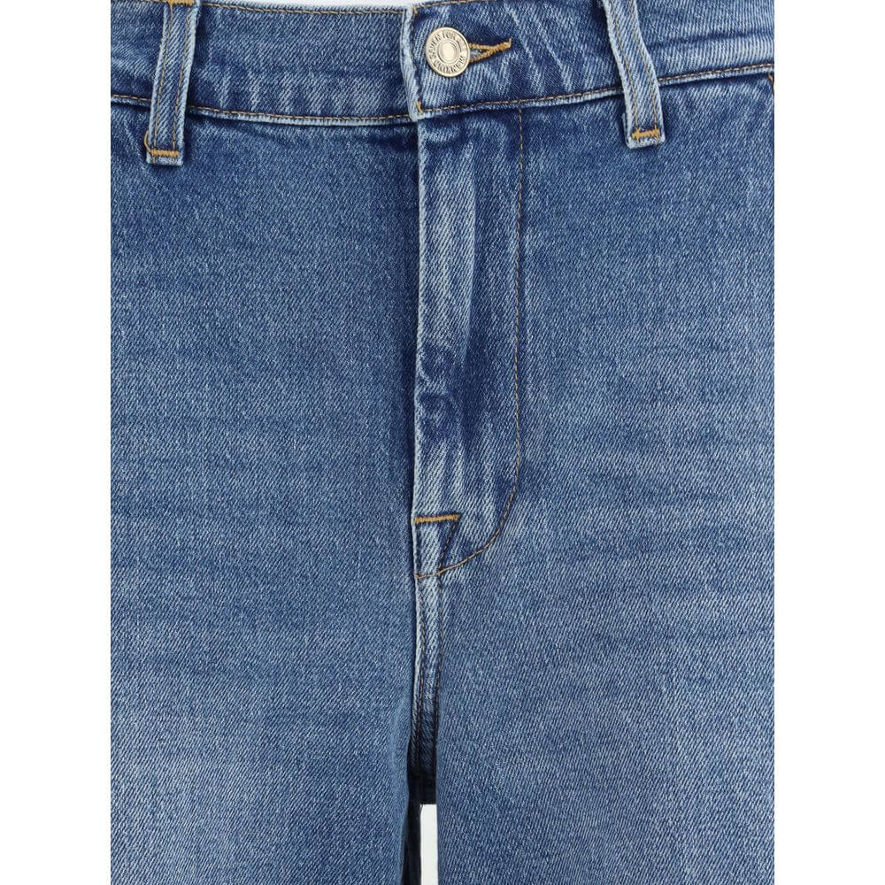 Close-up of 7FOR Light Blue Cotton Relaxed Fit Jeans showcasing mid-rise and classic design.