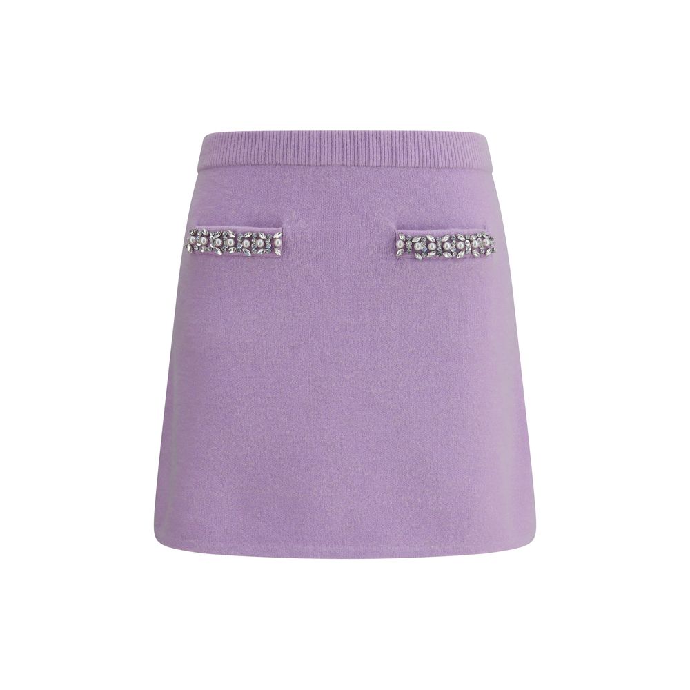 Self-Portrait Purple Viscose Mini Skirt with jewel embellishments, featuring elastic waistband, front slit pockets, and unlined design.