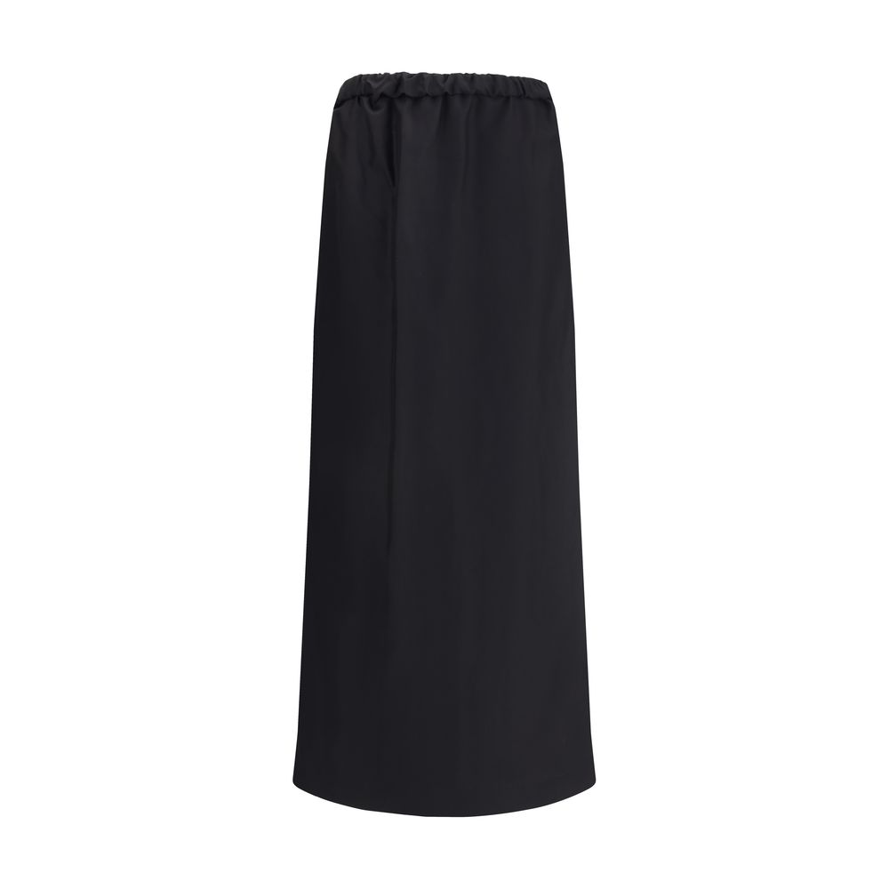 The Row Black Cotton Midi Skirt with flared fit, crafted from cotton-silk voile, featuring elastic waist for comfort and timeless elegance.