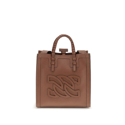 Casadei Brown Calf Leather Bos Taurus Shoulder Bag with tubular handles and embossed logo, chic and versatile design.